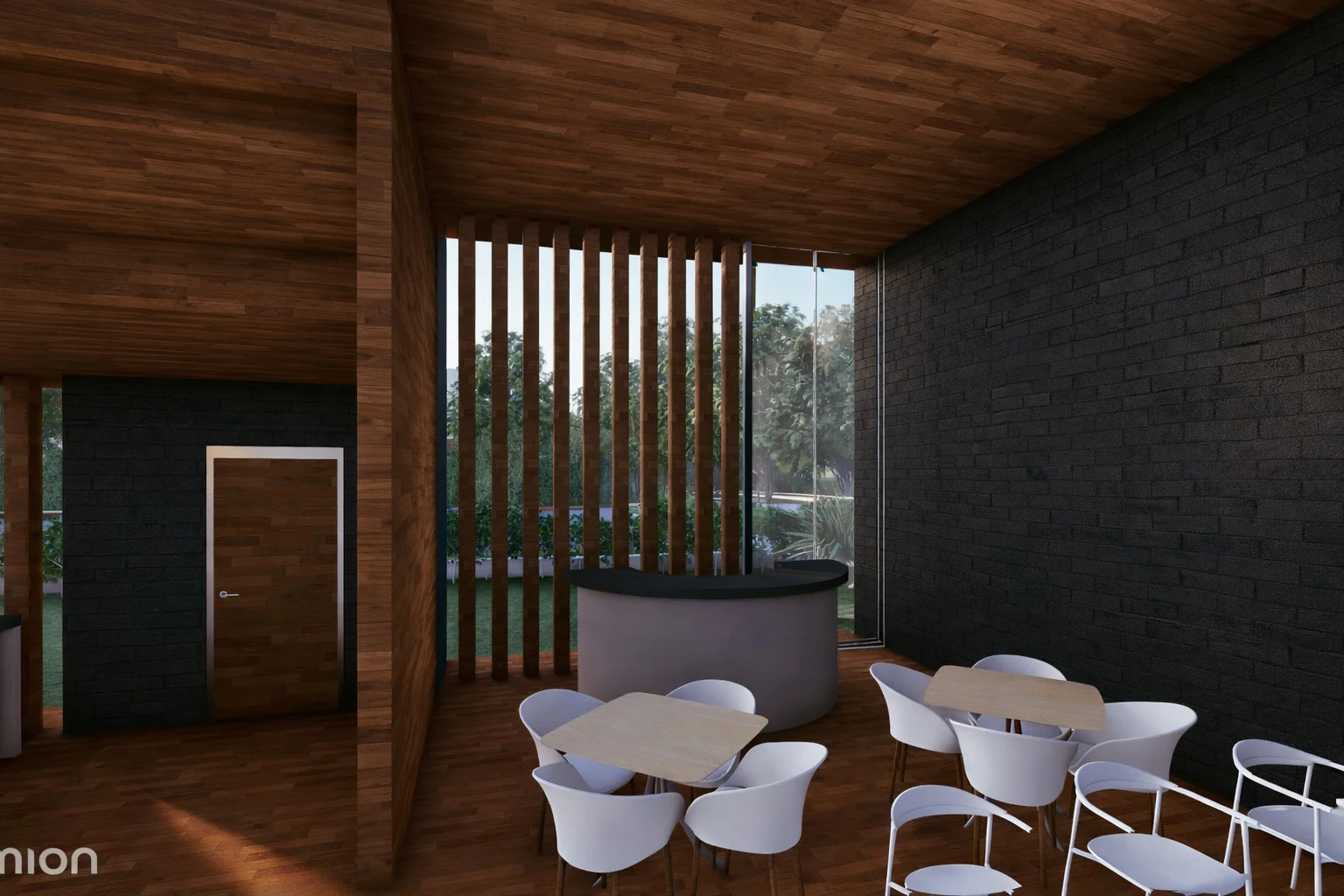 Restaurant interior with warm timber and dark brick